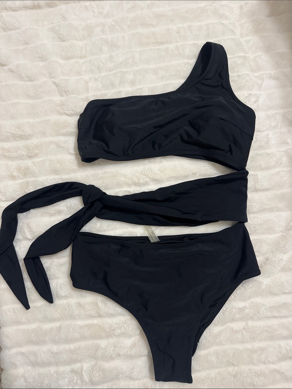 One-Shoulder Black Bikini Set with Wrap Tie